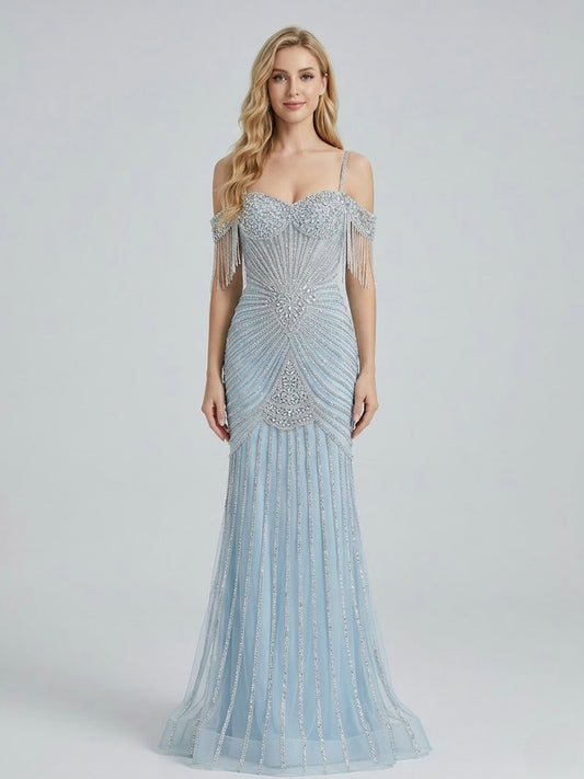 Formal Blue Crystal Embellished Floor-Length Gala Gown MC20152