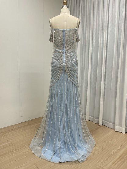 Formal Blue Crystal Embellished Floor-Length Gala Gown MC20152