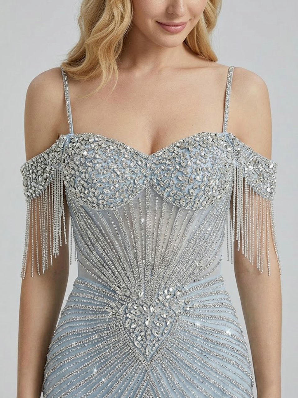 Formal Blue Crystal Embellished Floor-Length Gala Gown MC20152