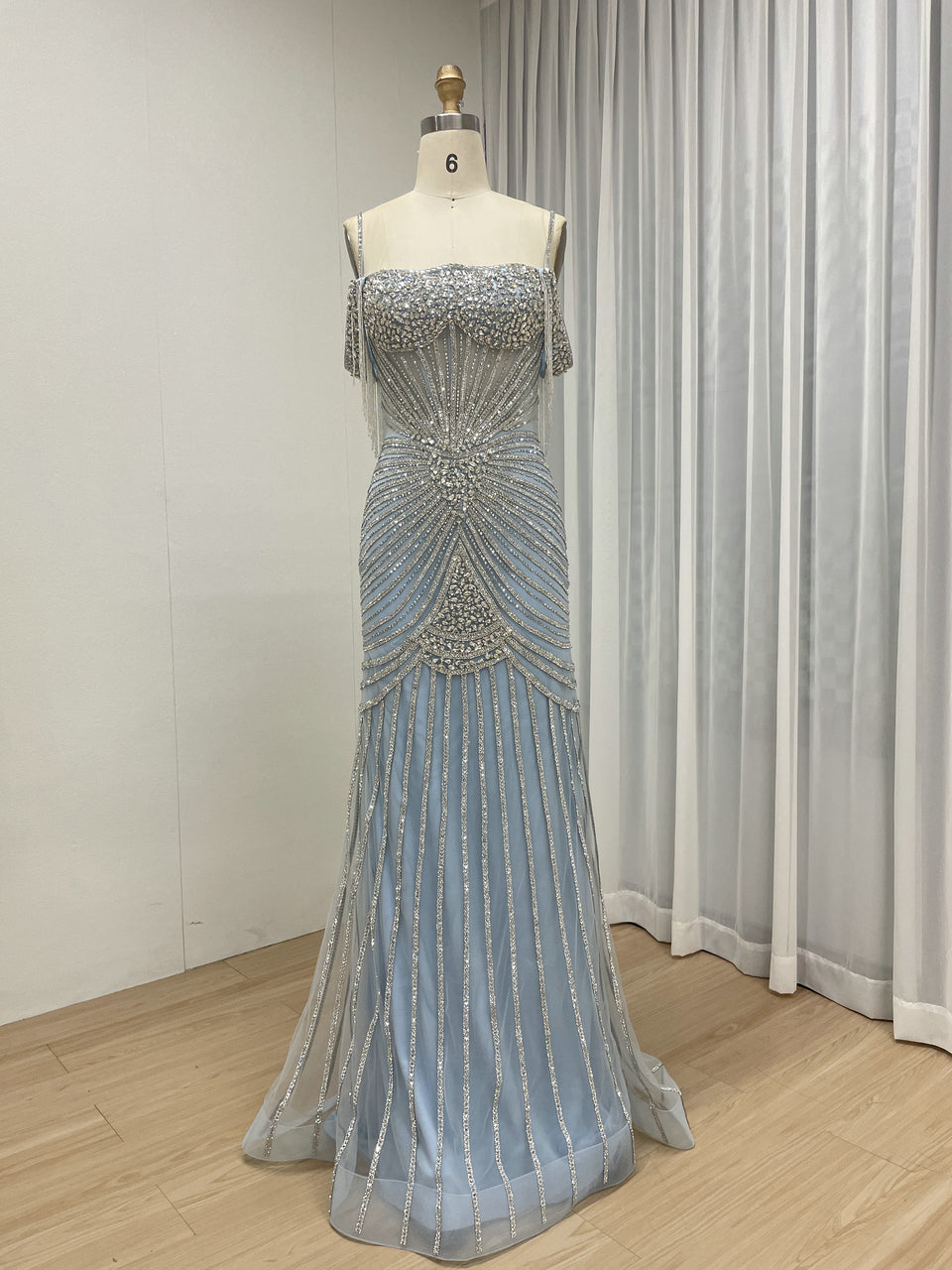 Formal Blue Crystal Embellished Floor-Length Gala Gown MC20152