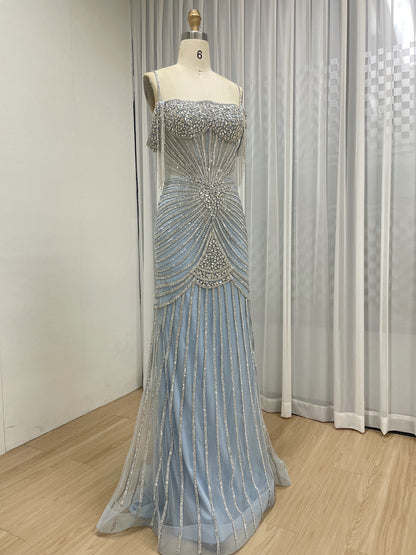 Formal Blue Crystal Embellished Floor-Length Gala Gown MC20152
