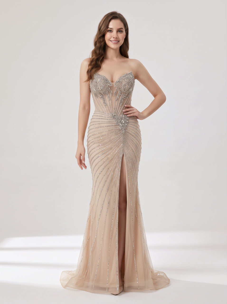 Champagne Crystal Rhinestone Evening Gown with Corset Bodice MC20155