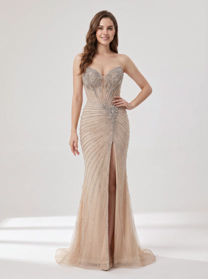 Champagne Crystal Rhinestone Evening Gown with Corset Bodice MC20155