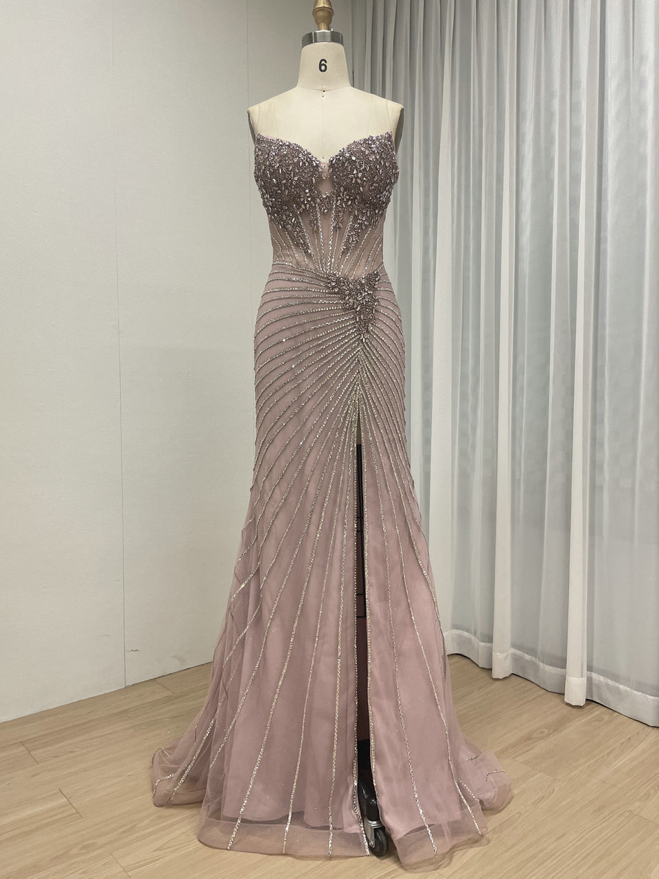 Champagne Crystal Rhinestone Evening Gown with Corset Bodice MC20155