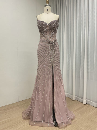 Champagne Crystal Rhinestone Evening Gown with Corset Bodice MC20155