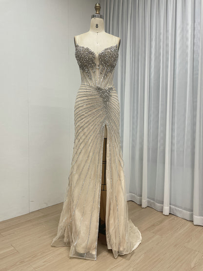 Champagne Crystal Rhinestone Evening Gown with Corset Bodice MC20155