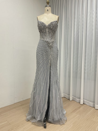Champagne Crystal Rhinestone Evening Gown with Corset Bodice MC20155