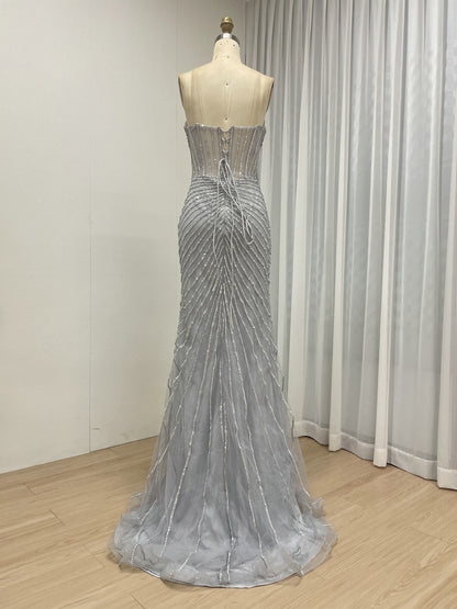 Champagne Crystal Rhinestone Evening Gown with Corset Bodice MC20155