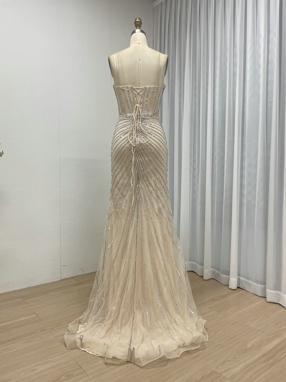 Champagne Crystal Rhinestone Evening Gown with Corset Bodice MC20155