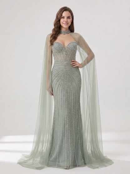 Gorgeous Sage Green Strapless Formal Dress Handmade Beading and Sheer Cape Sleeve MC20158-2