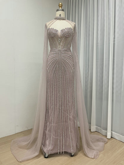 Gorgeous Sage Green Strapless Formal Dress Handmade Beading and Sheer Cape Sleeve MC20158-2