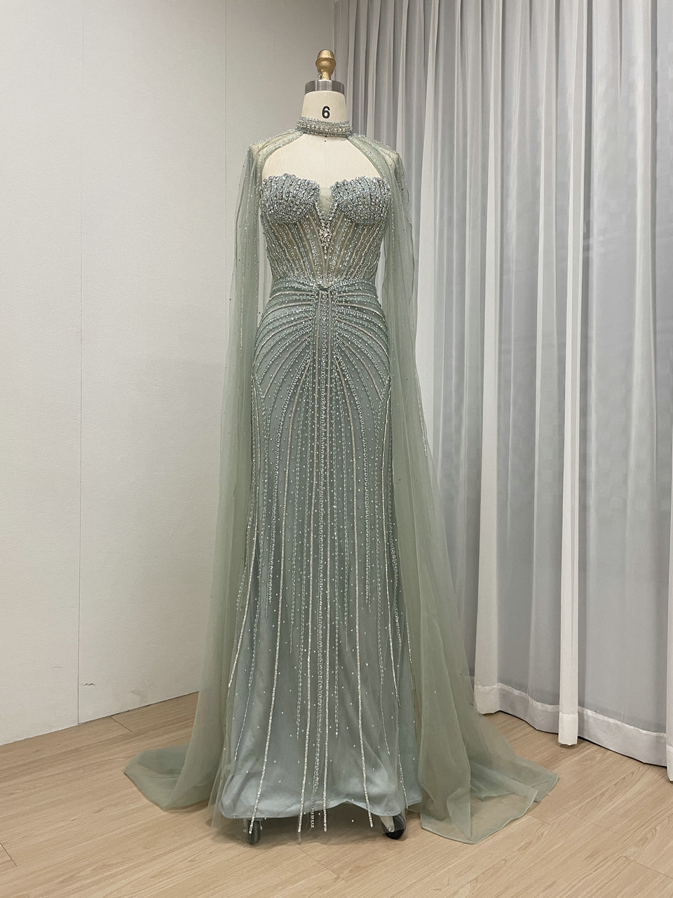 Gorgeous Sage Green Strapless Formal Dress Handmade Beading and Sheer Cape Sleeve MC20158-2