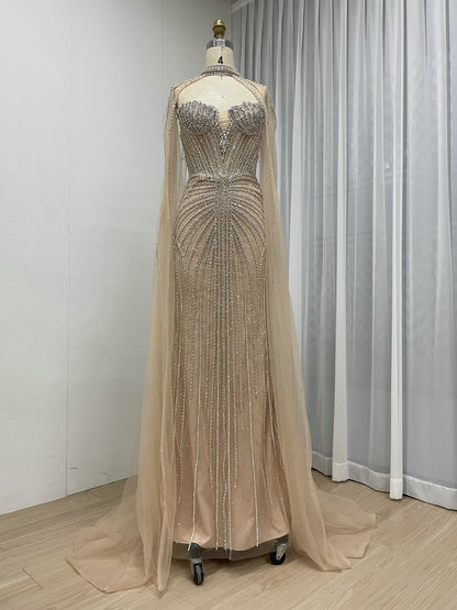 Gorgeous Sage Green Strapless Formal Dress Handmade Beading and Sheer Cape Sleeve MC20158-2