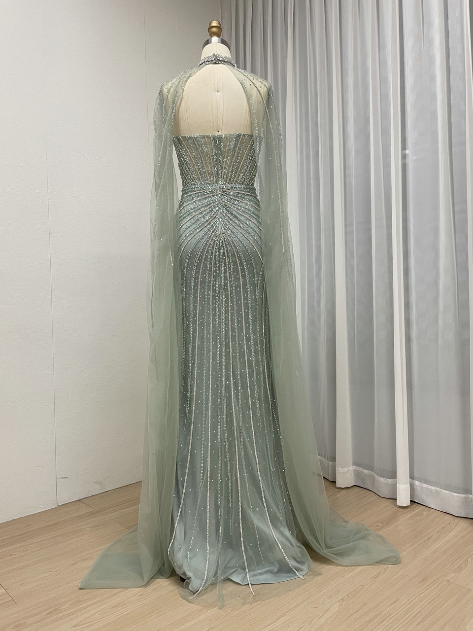 Gorgeous Sage Green Strapless Formal Dress Handmade Beading and Sheer Cape Sleeve MC20158-2