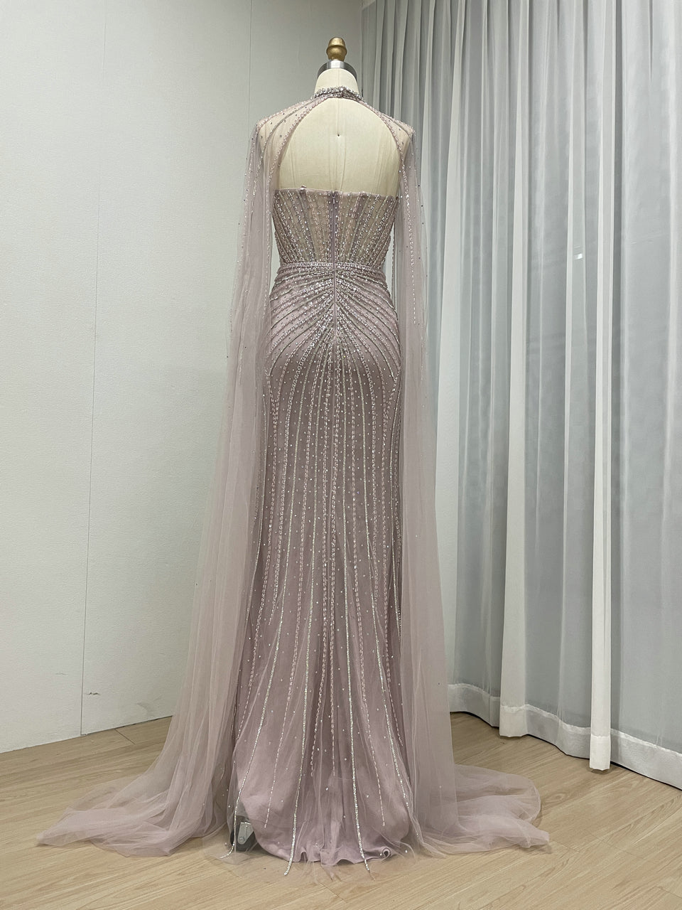 Gorgeous Sage Green Strapless Formal Dress Handmade Beading and Sheer Cape Sleeve MC20158-2