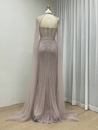 Gorgeous Sage Green Strapless Formal Dress Handmade Beading and Sheer Cape Sleeve MC20158-2