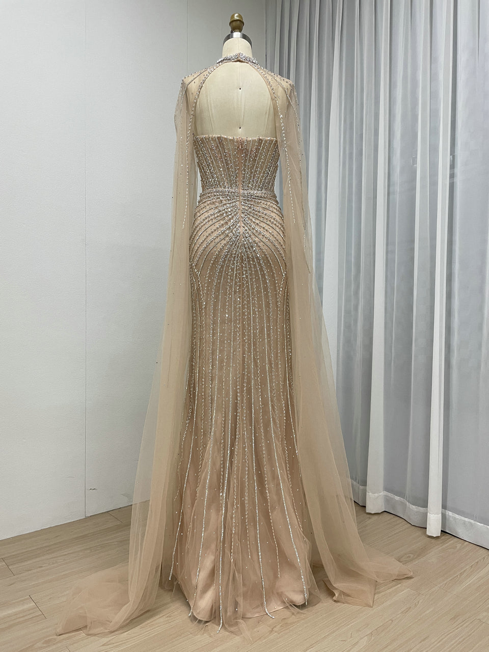 Gorgeous Sage Green Strapless Formal Dress Handmade Beading and Sheer Cape Sleeve MC20158-2