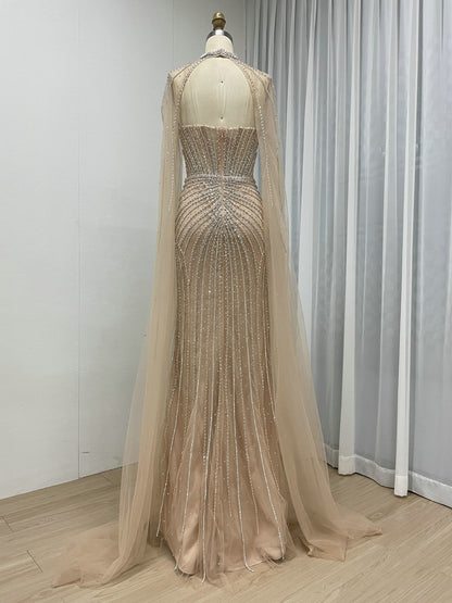 Gorgeous Sage Green Strapless Formal Dress Handmade Beading and Sheer Cape Sleeve MC20158-2
