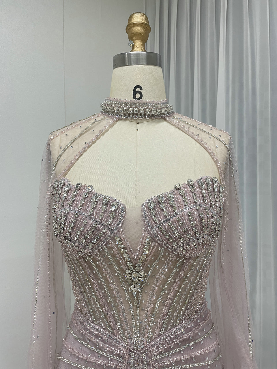 Gorgeous Sage Green Strapless Formal Dress Handmade Beading and Sheer Cape Sleeve MC20158-2