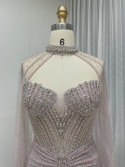 Gorgeous Sage Green Strapless Formal Dress Handmade Beading and Sheer Cape Sleeve MC20158-2