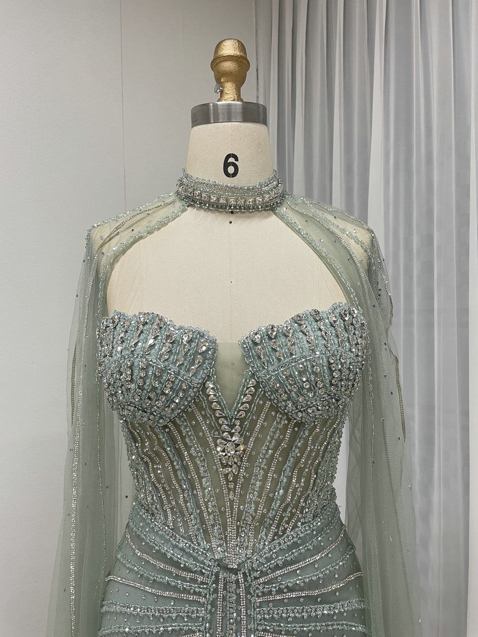 Gorgeous Sage Green Strapless Formal Dress Handmade Beading and Sheer Cape Sleeve MC20158-2