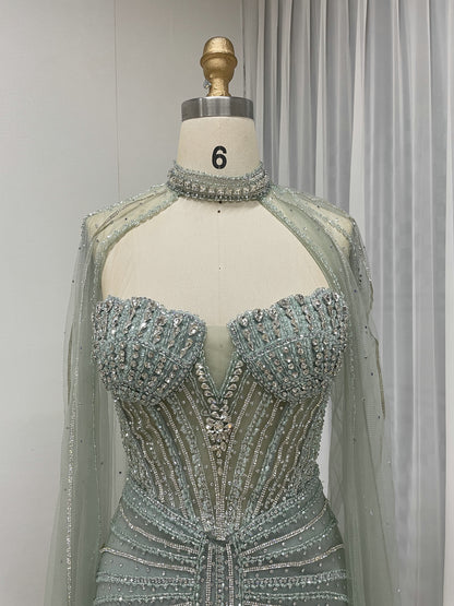 Gorgeous Sage Green Strapless Formal Dress Handmade Beading and Sheer Cape Sleeve MC20158-2