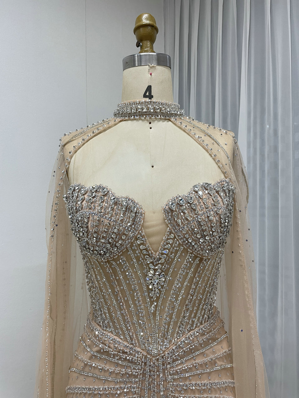 Gorgeous Sage Green Strapless Formal Dress Handmade Beading and Sheer Cape Sleeve MC20158-2