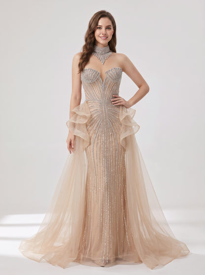 Luxury Champagne Beaded Strapless Prom Evening Dress with Sheer Overskirt MC20158