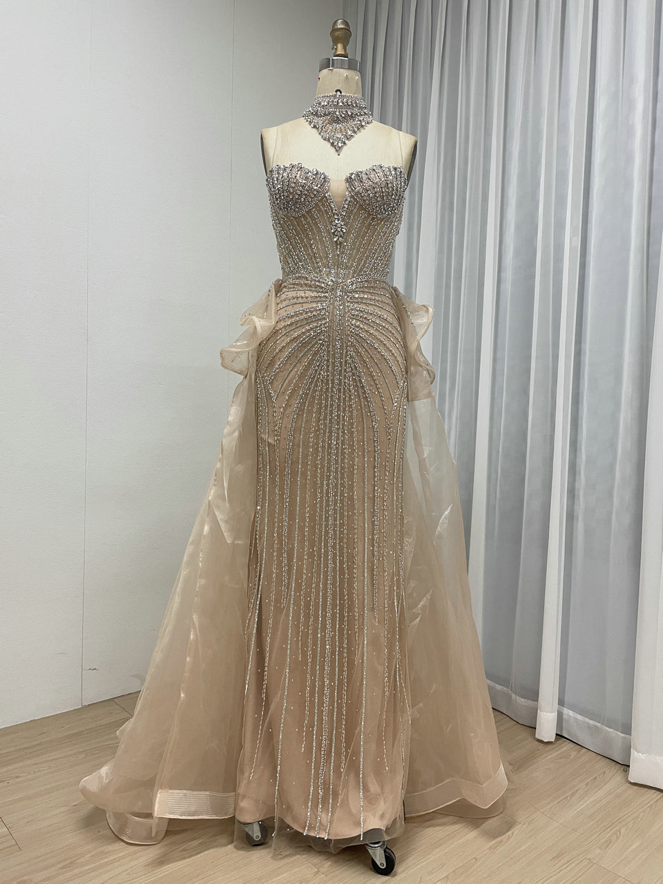 Luxury Champagne Beaded Strapless Prom Evening Dress with Sheer Overskirt MC20158