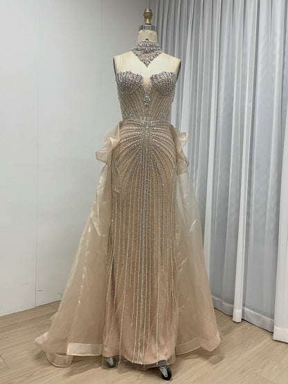 Luxury Champagne Beaded Strapless Prom Evening Dress with Sheer Overskirt MC20158