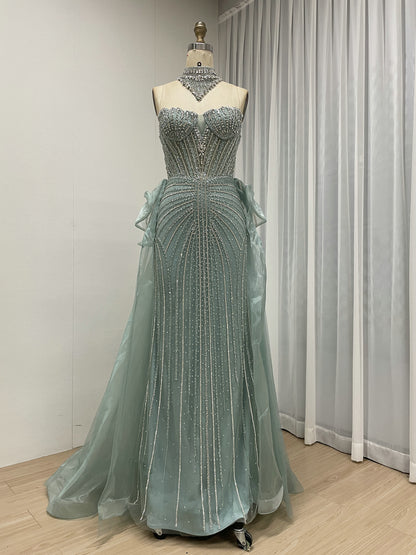Luxury Champagne Beaded Strapless Prom Evening Dress with Sheer Overskirt MC20158