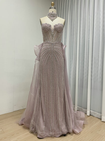 Luxury Champagne Beaded Strapless Prom Evening Dress with Sheer Overskirt MC20158