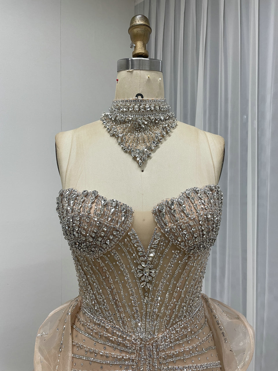 Luxury Champagne Beaded Strapless Prom Evening Dress with Sheer Overskirt MC20158