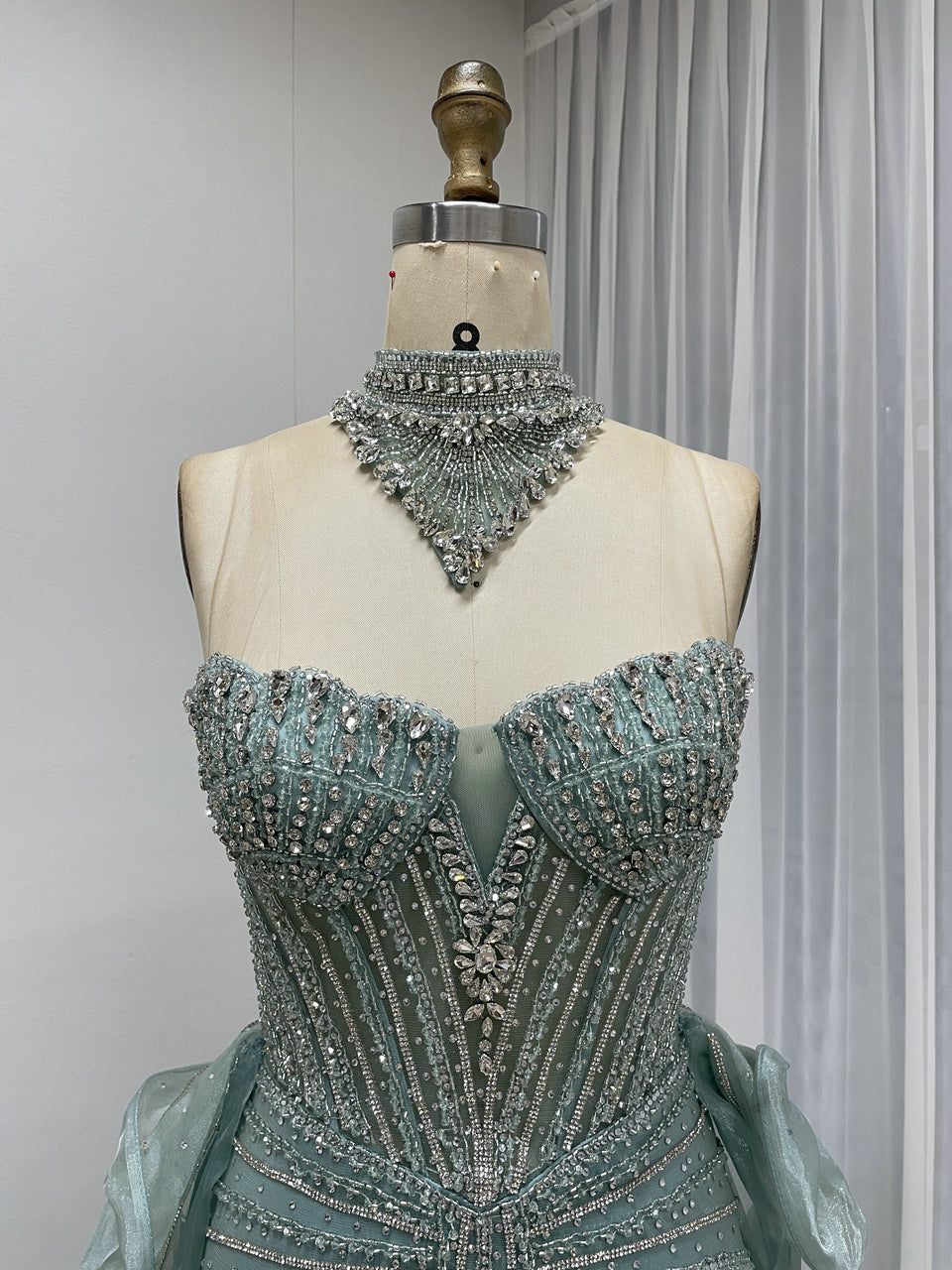 Luxury Champagne Beaded Strapless Prom Evening Dress with Sheer Overskirt MC20158