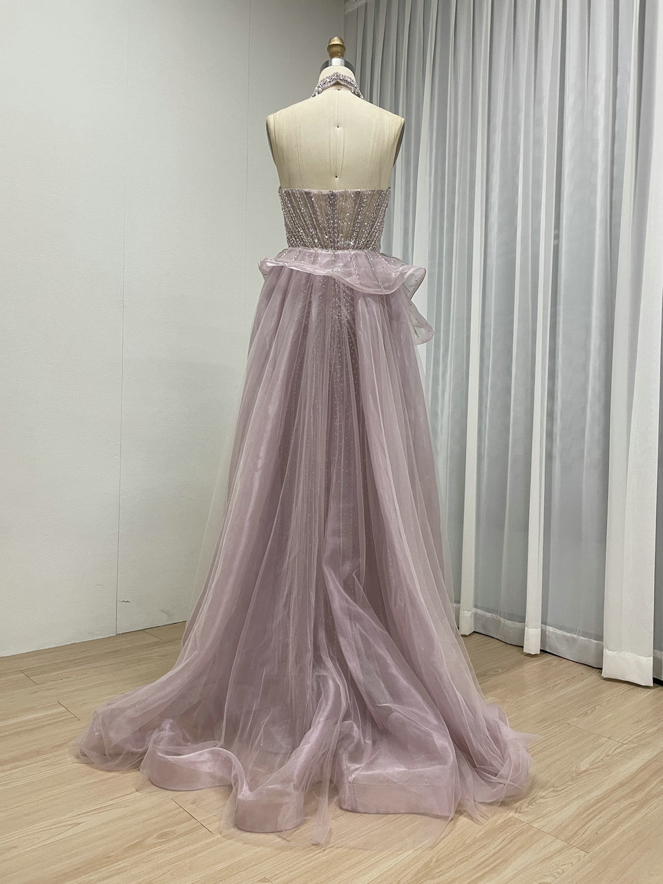 Luxury Champagne Beaded Strapless Prom Evening Dress with Sheer Overskirt MC20158