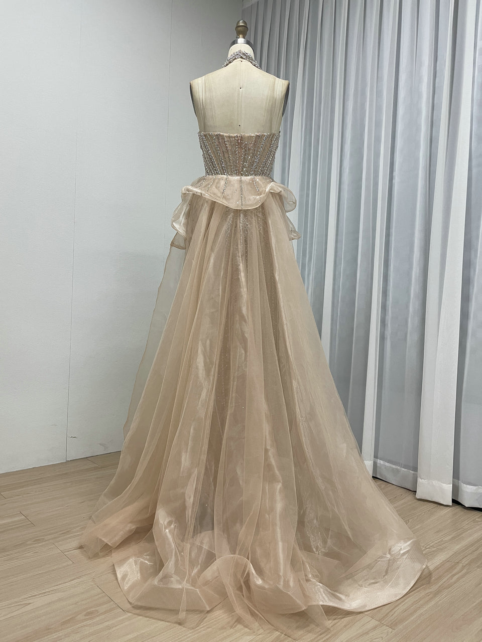 Luxury Champagne Beaded Strapless Prom Evening Dress with Sheer Overskirt MC20158