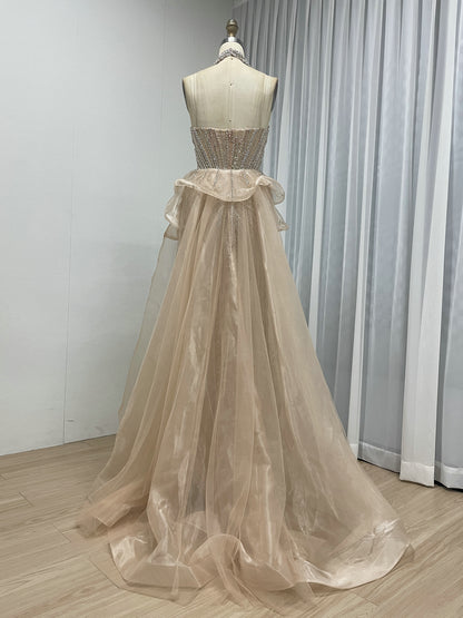 Luxury Champagne Beaded Strapless Prom Evening Dress with Sheer Overskirt MC20158