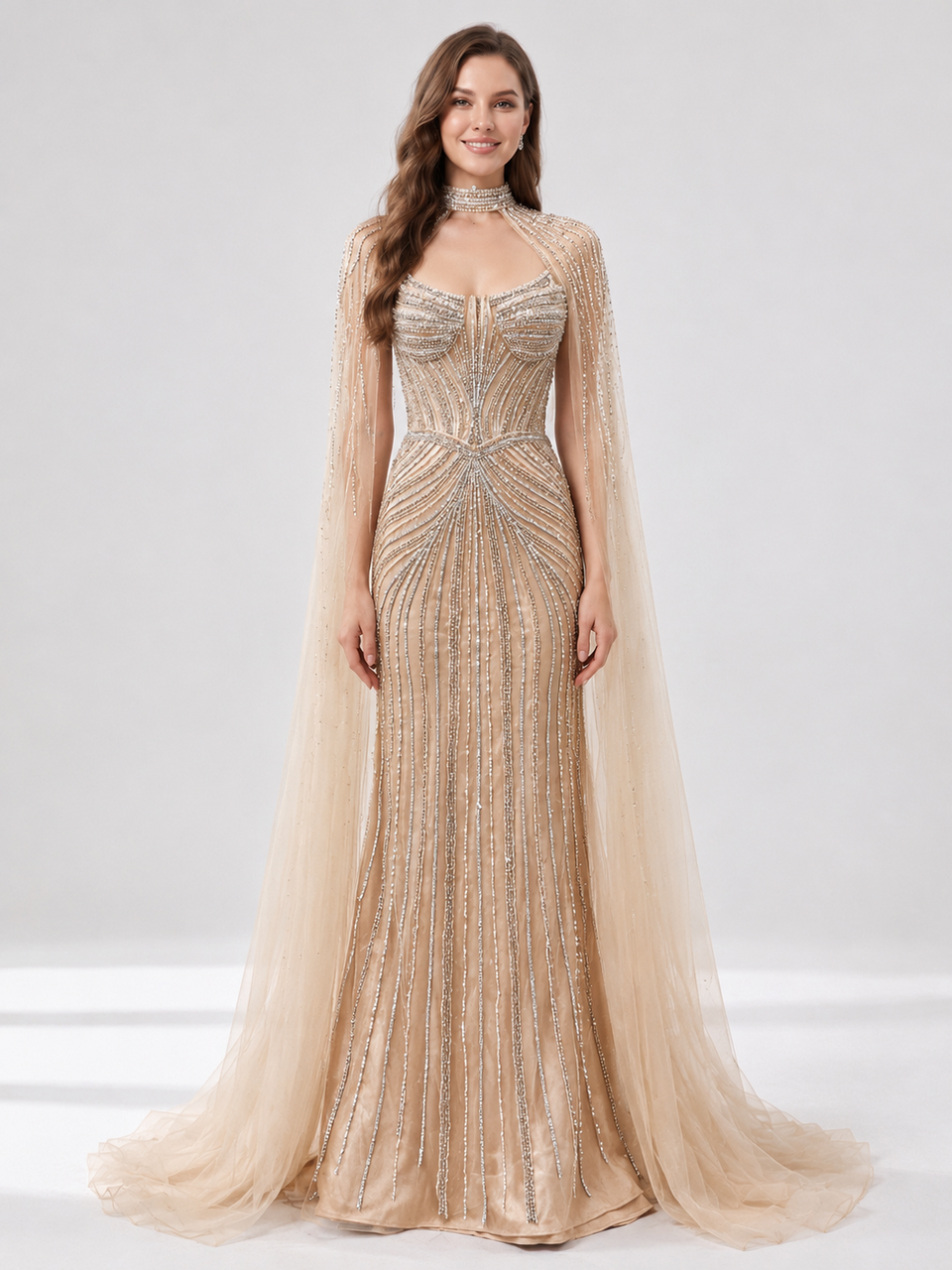 Luxury Champagne Beaded Evening Gown with Halter Neck & Attached Capes MC20159