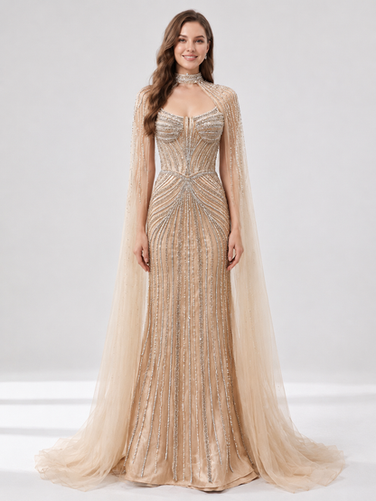 Luxury Champagne Beaded Evening Gown with Halter Neck & Attached Capes MC20159