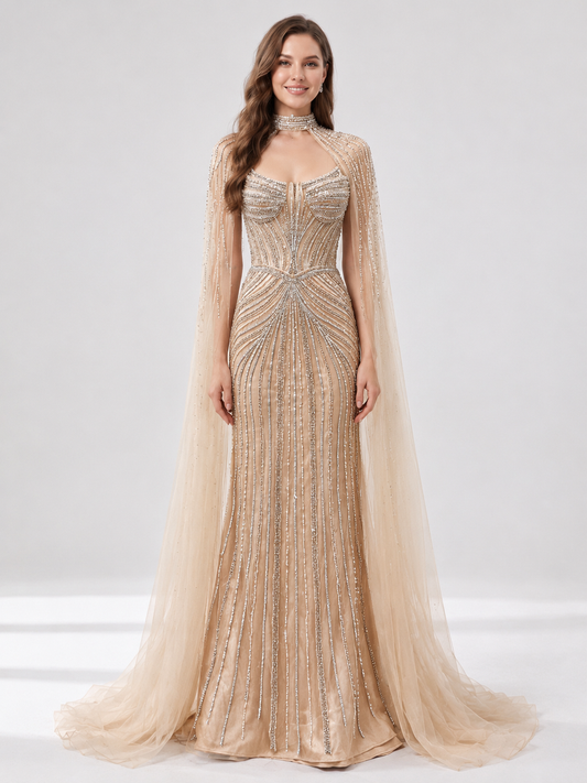 Luxury Champagne Beaded Evening Gown with Halter Neck & Attached Capes MC20159
