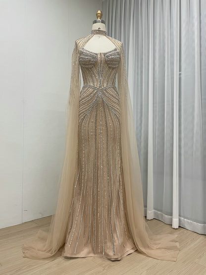Luxury Champagne Beaded Evening Gown with Halter Neck & Attached Capes MC20159