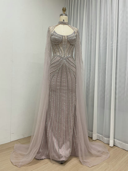 Luxury Champagne Beaded Evening Gown with Halter Neck & Attached Capes MC20159