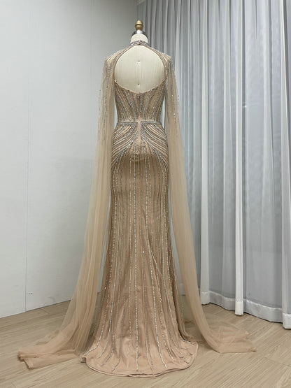 Luxury Champagne Beaded Evening Gown with Halter Neck & Attached Capes MC20159