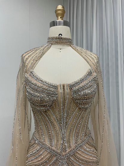 Luxury Champagne Beaded Evening Gown with Halter Neck & Attached Capes MC20159