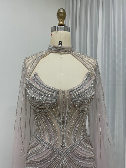 Luxury Champagne Beaded Evening Gown with Halter Neck & Attached Capes MC20159