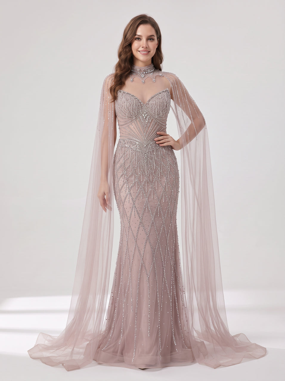 Hot Selling Illusion High-Neck Crystal Beaded Pink Long Evening Dress With Cape Sleeve MC20160
