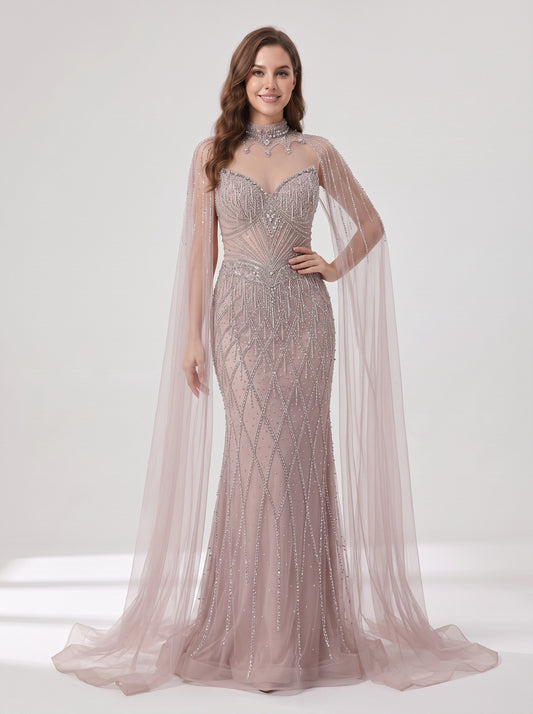 Hot Selling Illusion High-Neck Crystal Beaded Pink Long Evening Dress With Cape Sleeve MC20160