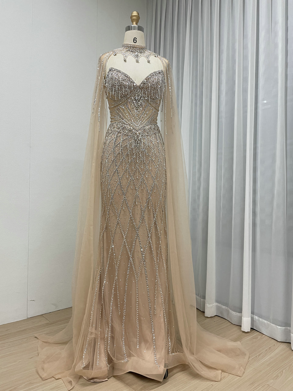 Hot Selling Illusion High-Neck Crystal Beaded Pink Long Evening Dress With Cape Sleeve MC20160