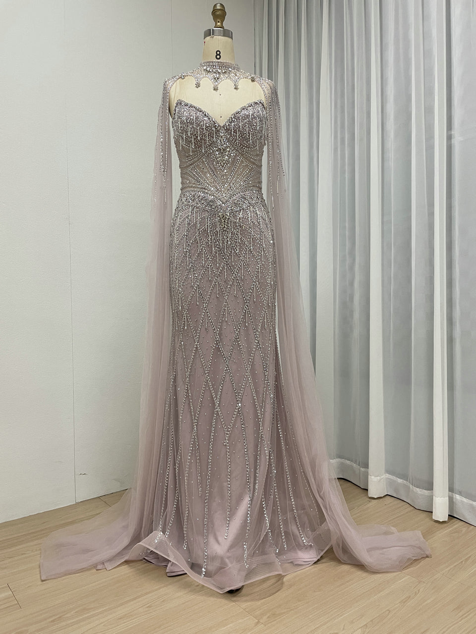 Hot Selling Illusion High-Neck Crystal Beaded Pink Long Evening Dress With Cape Sleeve MC20160