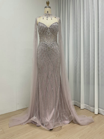 Hot Selling Illusion High-Neck Crystal Beaded Pink Long Evening Dress With Cape Sleeve MC20160